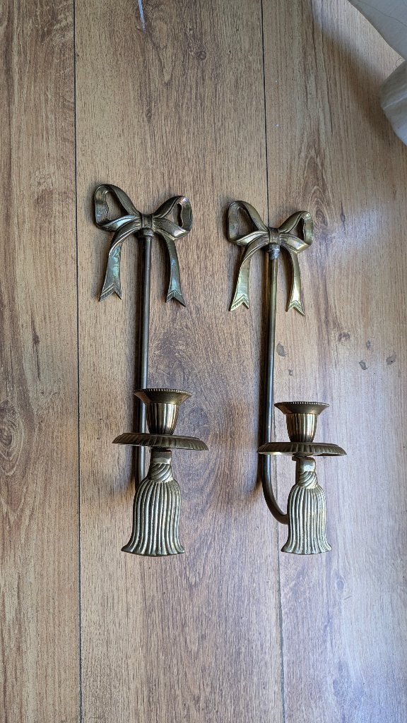 Messing wandkandelaars met strik, Antiek en Kunst, Antiek | Kandelaars, Ophalen of Verzenden, Koper of Brons