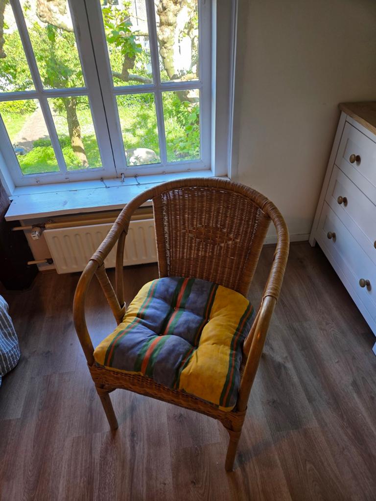 Rotan stoel met kussen, Ophalen, Gebruikt, Bruin, Riet of Rotan