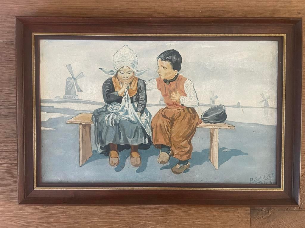 Antiek Oud Hollands schilderij: Boerenpaar met molens, Ophalen of Verzenden, Zo goed als nieuw