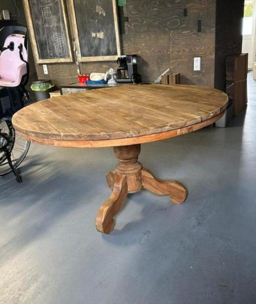 Ronde Teakhouten eettafel- 130 cm diameter, Ophalen, Gebruikt, Vier personen, 100 tot 150 cm