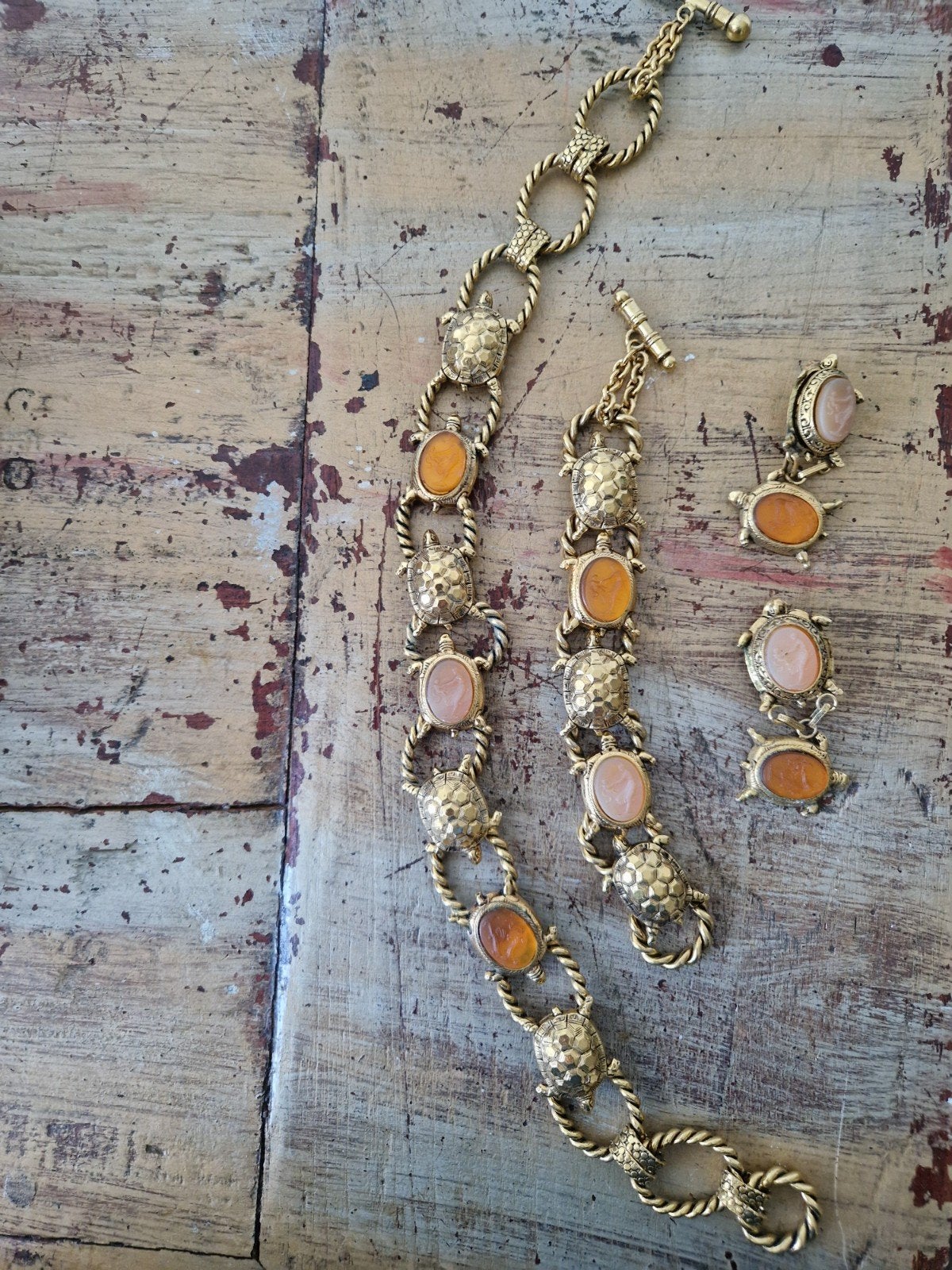 Vintage Gouden Schildpadden Armband & Ketting oorbellen Set, Verzenden, Gebruikt, Goud, Overige materialen