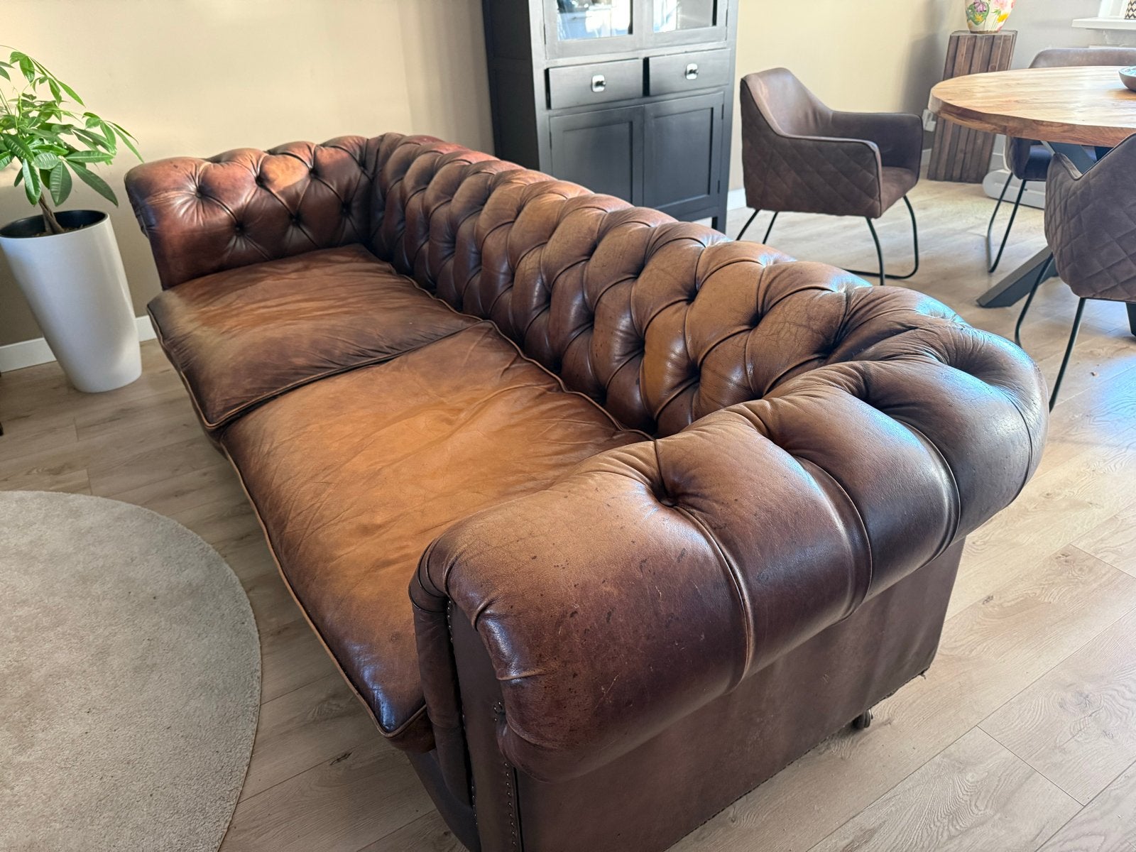 Chesterfield bank - Bruin leer - Vintage look, Ophalen, Gebruikt, Tweepersoons, 200 tot 250 cm