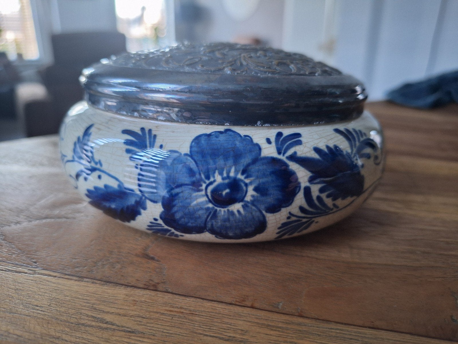 Antieke Delfts Blauw Pot met Metalen Deksel, Antiek en Kunst, Ophalen of Verzenden