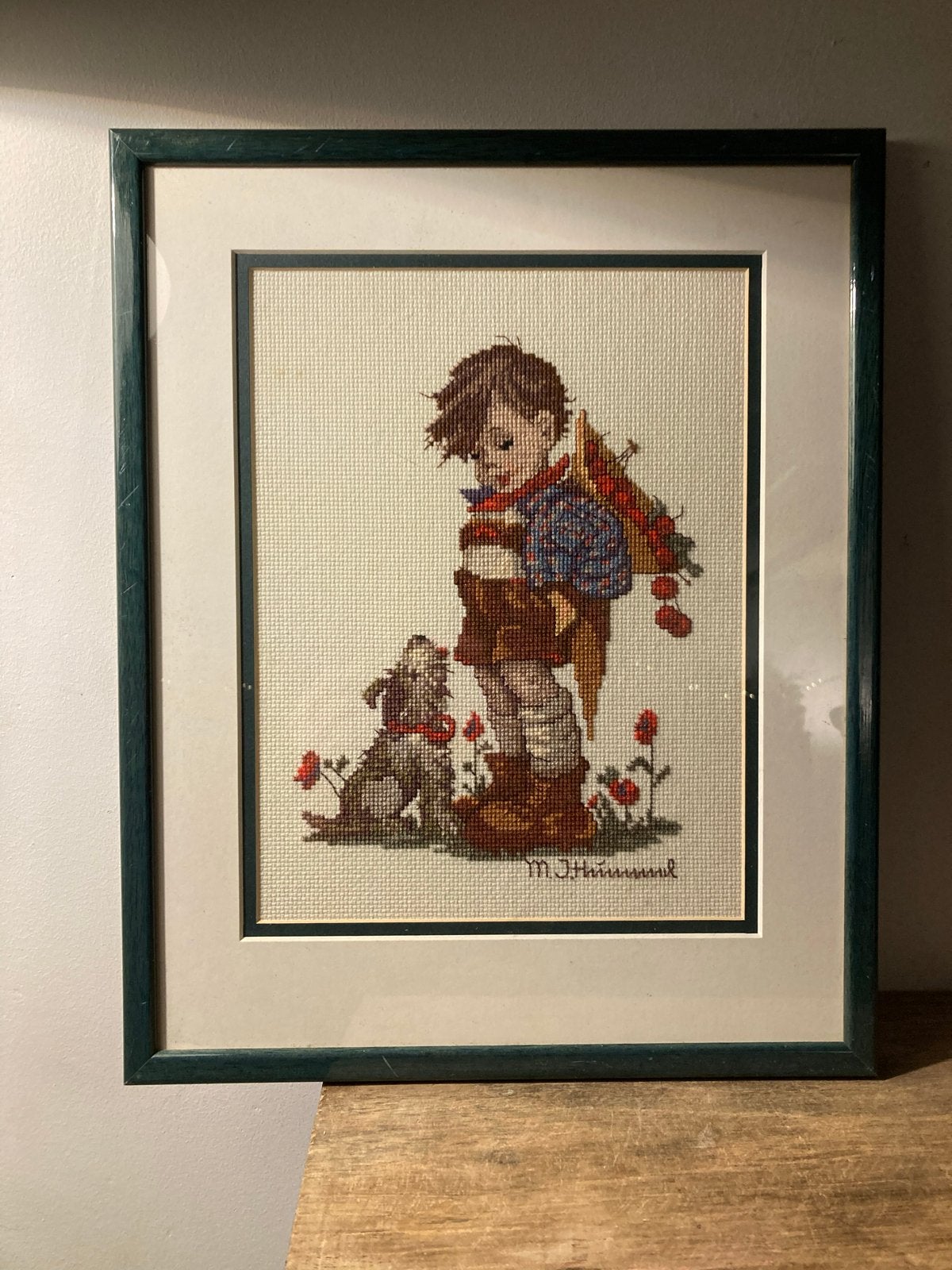 Handgemaakt geborduurd kunstwerk: Jongen met hond (39x31cm), Ophalen of Verzenden