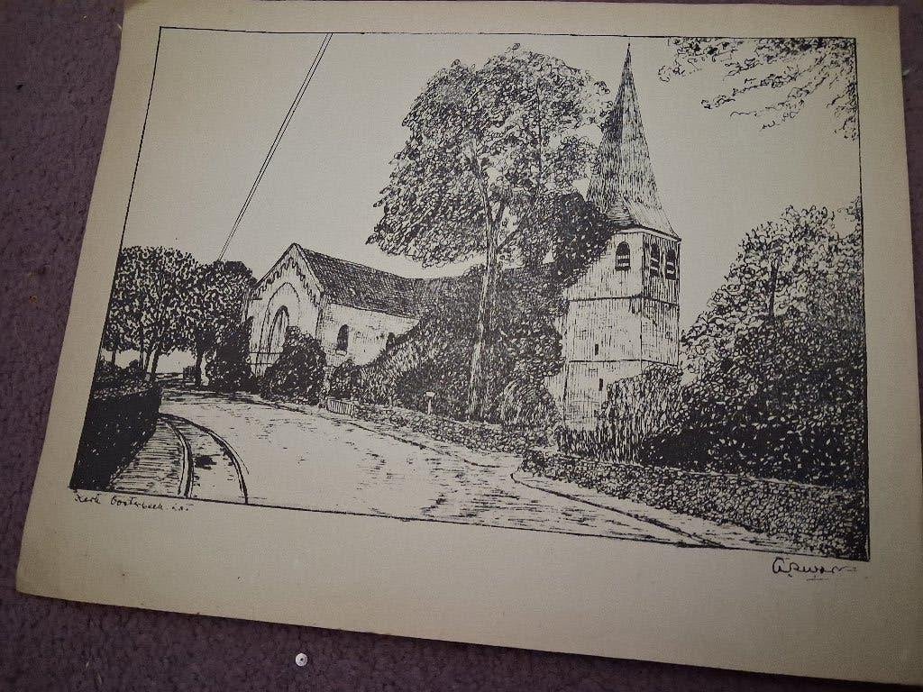 Kerk in landschap - Zwart-wit prent, Origineel, 34 cm, 25 cm, Ets