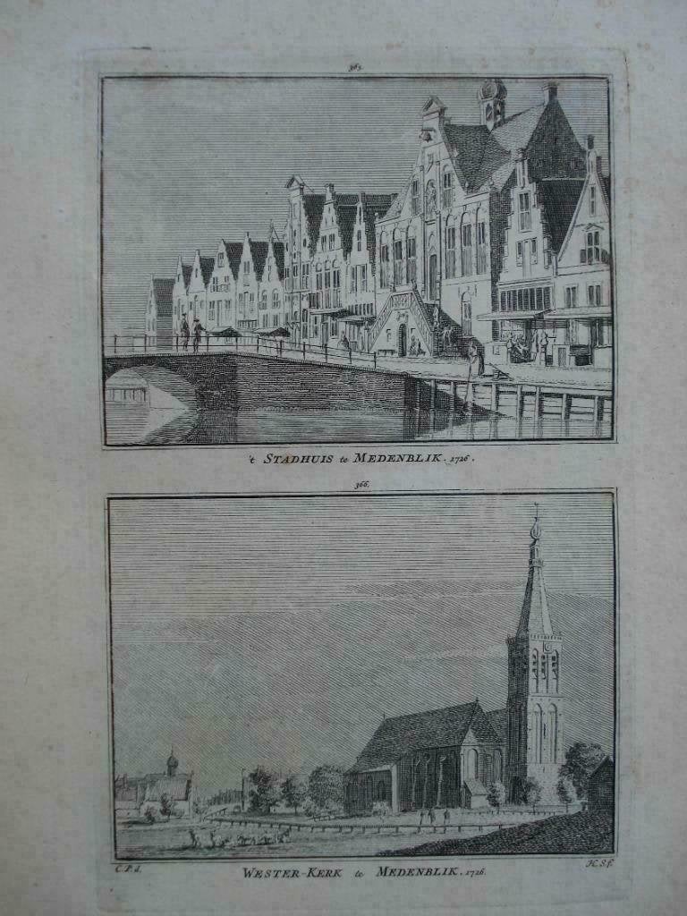 365-366 Medemblik  Stadhuis en Westerkerk  Kopergravure 1752, Antiek en Kunst, Ophalen of Verzenden