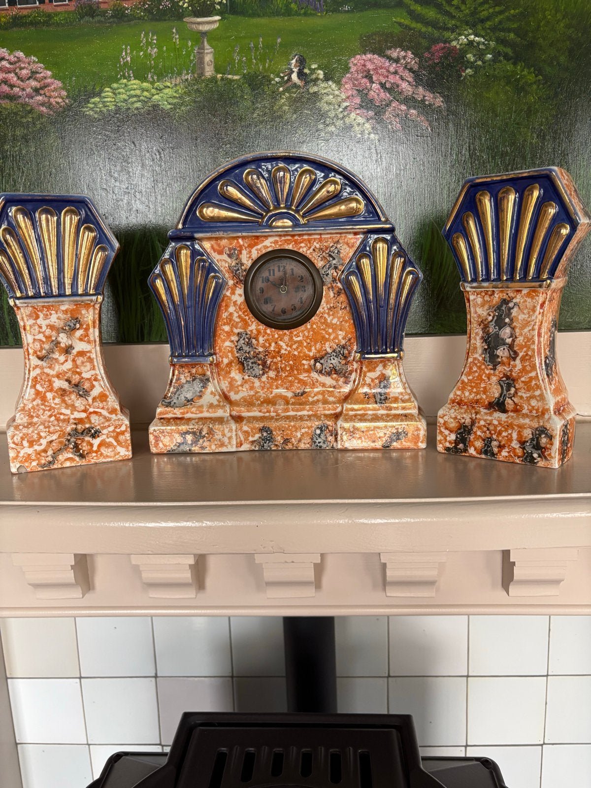 Art Deco Schoorsteenklok Majolique de Wasmuel met 2 Vazen, Ophalen of Verzenden