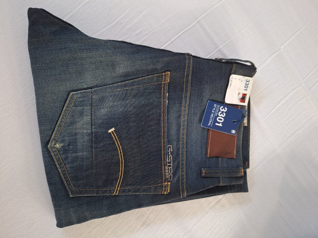 Nieuwe G-Star 3301 Straight Fit Jeans Denham Vintage W31, G-Star Raw, Blauw, Nieuw, W32 (confectie 46) of kleiner