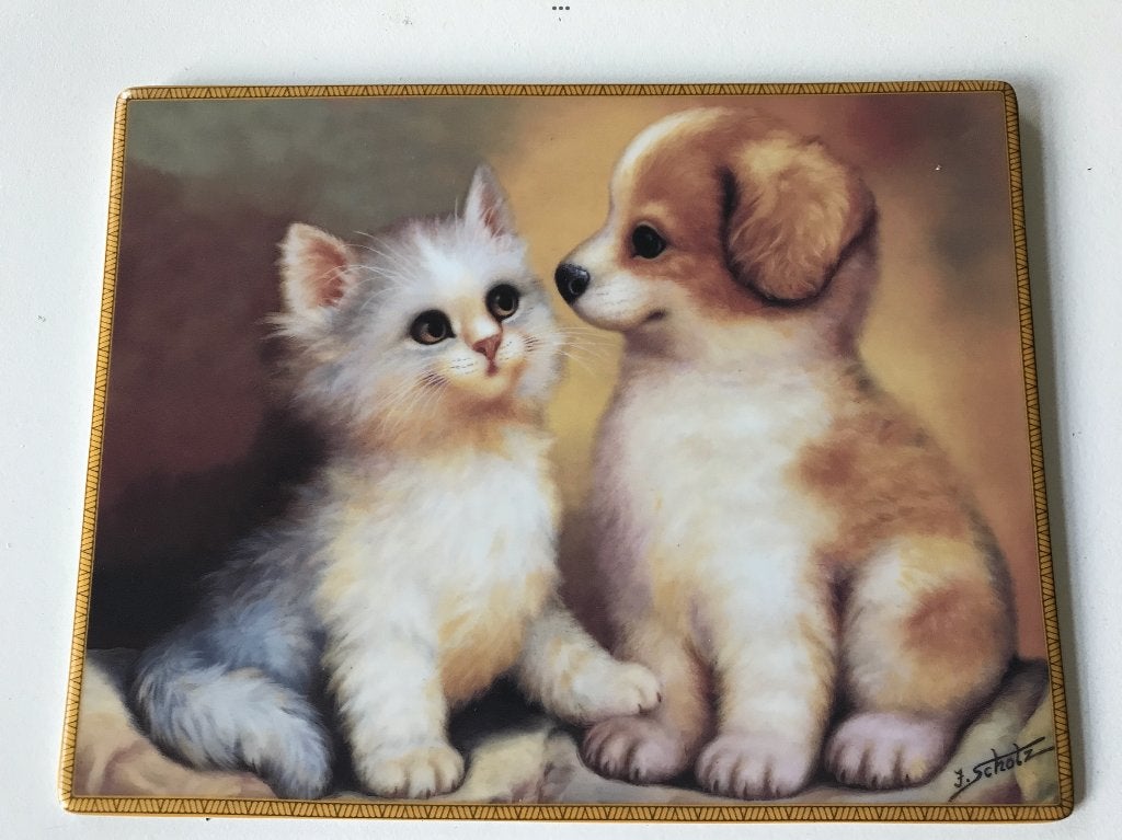 Jurgen Scholz plaat porselein decor hond / kat poes, Antiek en Kunst, Antiek | Porselein, Ophalen of Verzenden