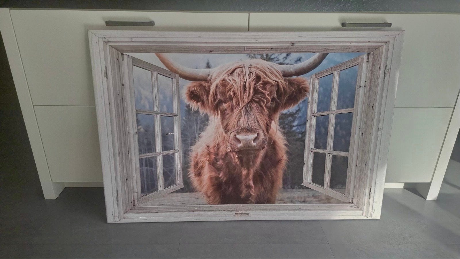 Schilderij Schotse Hooglander 120x80r in raamkozijn, 50 – 75, Ophalen of Verzenden, 75 tot 100 cm, Print