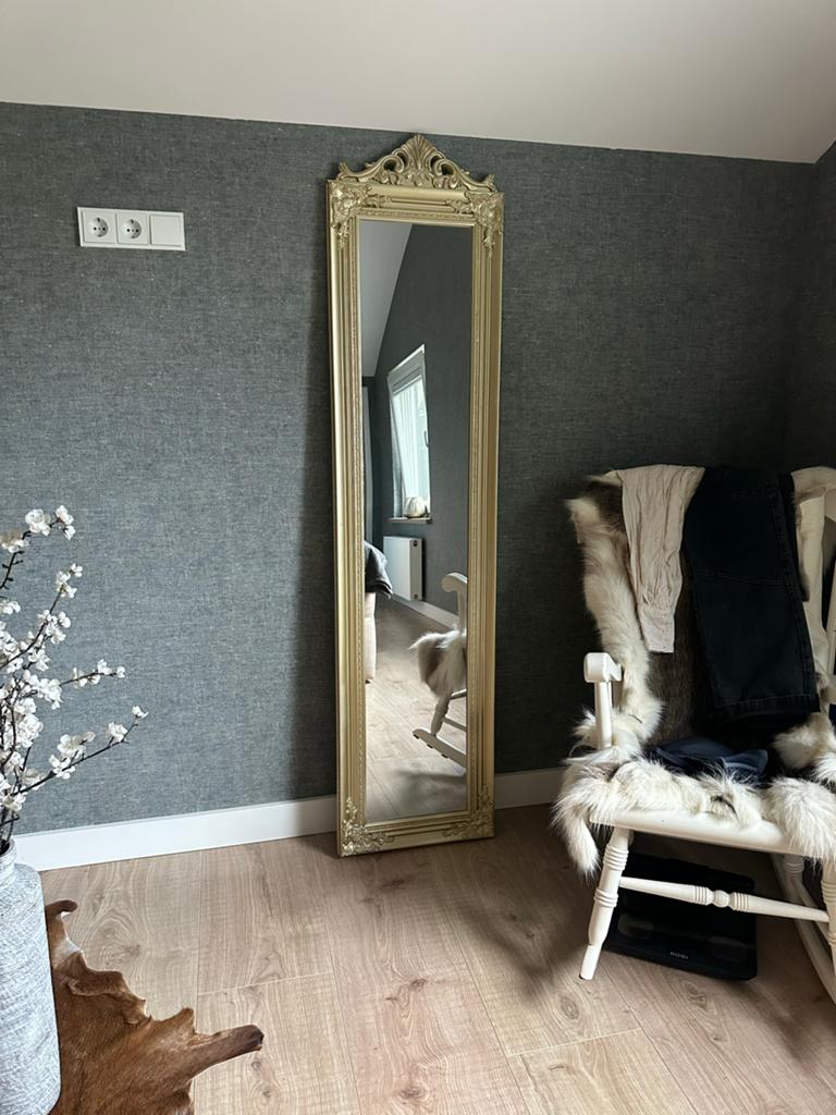 Grote, degelijke spiegel met gouden lijst - 180x43 cm, Huis en Inrichting, Woonaccessoires | Spiegels, Minder dan 50 cm, Ophalen of Verzenden