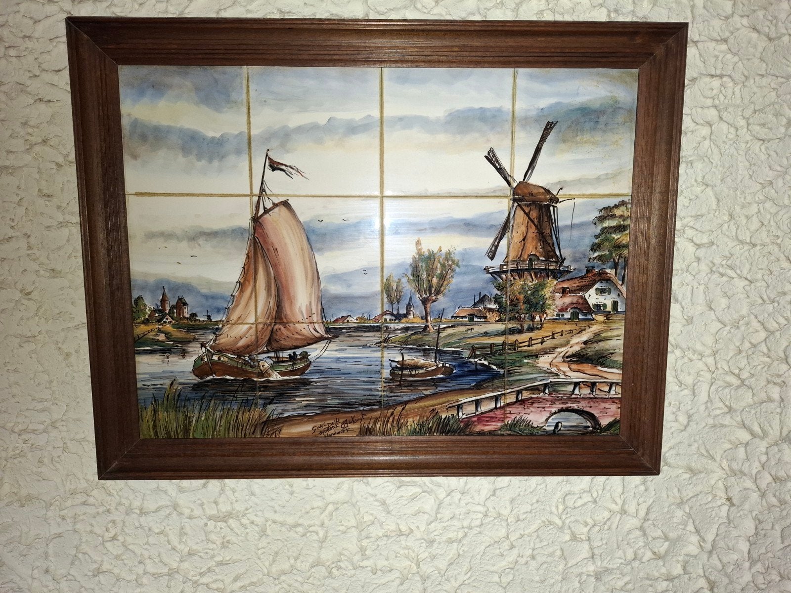 Ingelijste tegeltableau: Hollands landschap met molen, Antiek en Kunst, Antiek | Wandborden en Tegels, Ophalen