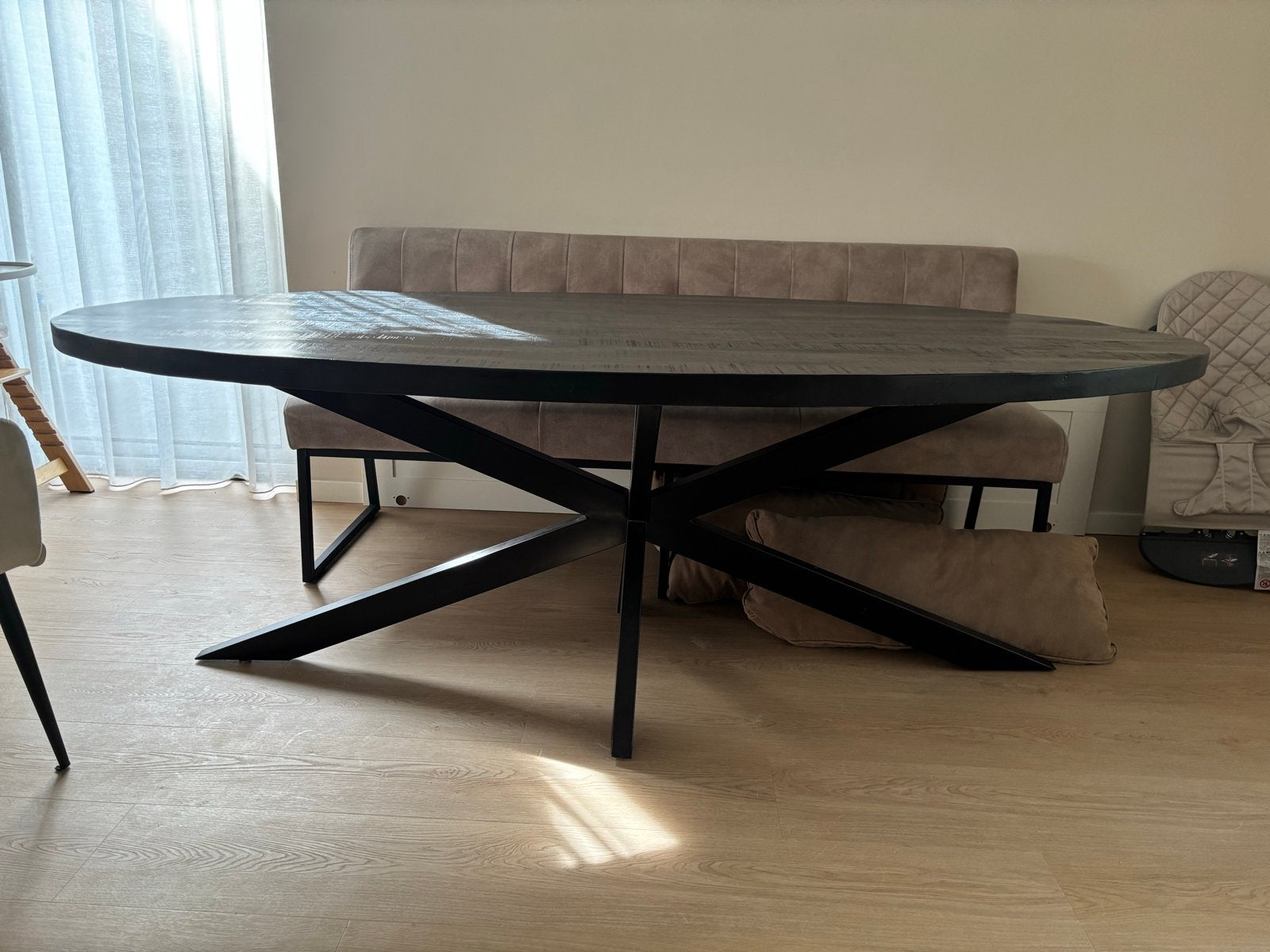 Zwarte ovale mangohouten eettafel - 220x101 cm, Ophalen, Gebruikt, 100 tot 150 cm, 200 cm of meer