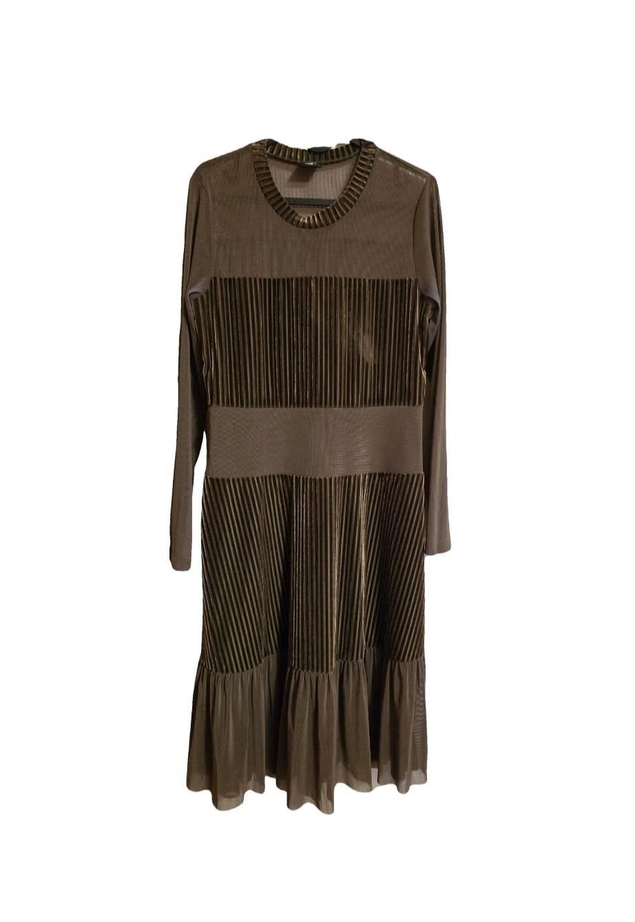 NÜ Denmark Velvet Geplooide Jurk – Taupebruin – Maat M, Kleding | Dames, Bruin, Gedragen, Onder de knie, Ophalen