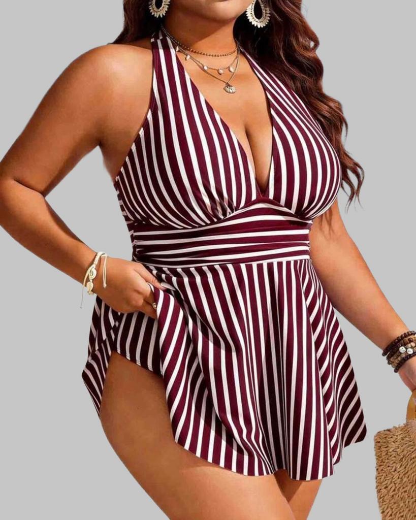 Gestreepte Tankini - Bordeauxrood & Wit (44-52), Kleding | Dames, Grote Maten, Verzenden, Nieuw, Rood, Lingerie of Zwemkleding