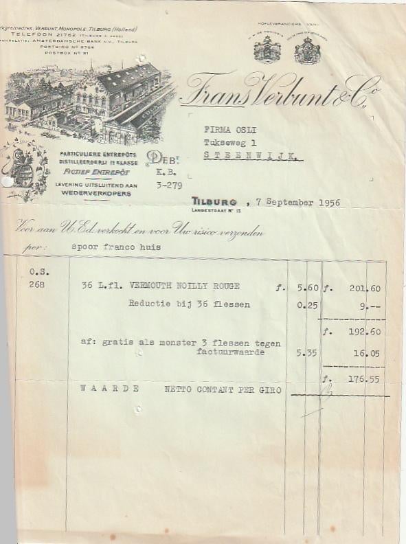 Tilburg Frans Verbunt distilleerderij factuur 1956, Ophalen of Verzenden, Zo goed als nieuw, Overige typen