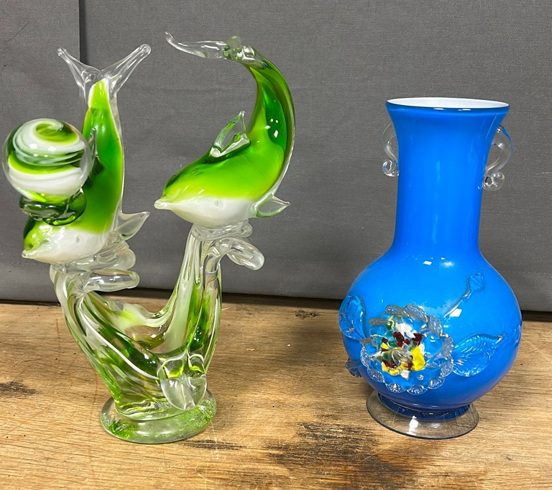Murano glazen vaas en dolfijnen sculptuur., Antiek en Kunst, Ophalen of Verzenden