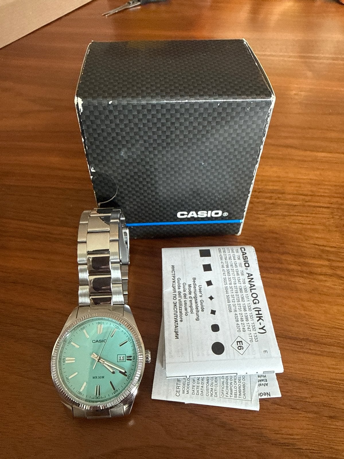 Casio Polshorloge met turquoise wijzerplaat, Sieraden, Tassen en Uiterlijk, Horloges | Heren, Casio, Gebruikt, Staal, Polshorloge