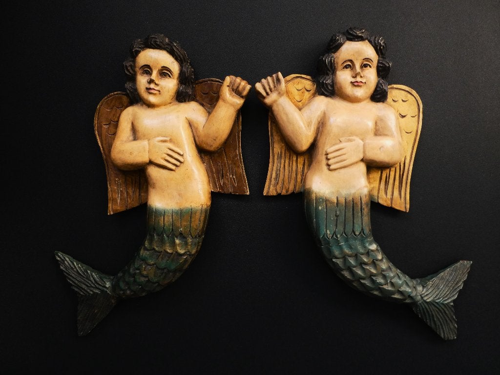 Set van 2 wanddecoraties mythologisch engel zeemeerman, Antiek en Kunst, Ophalen of Verzenden