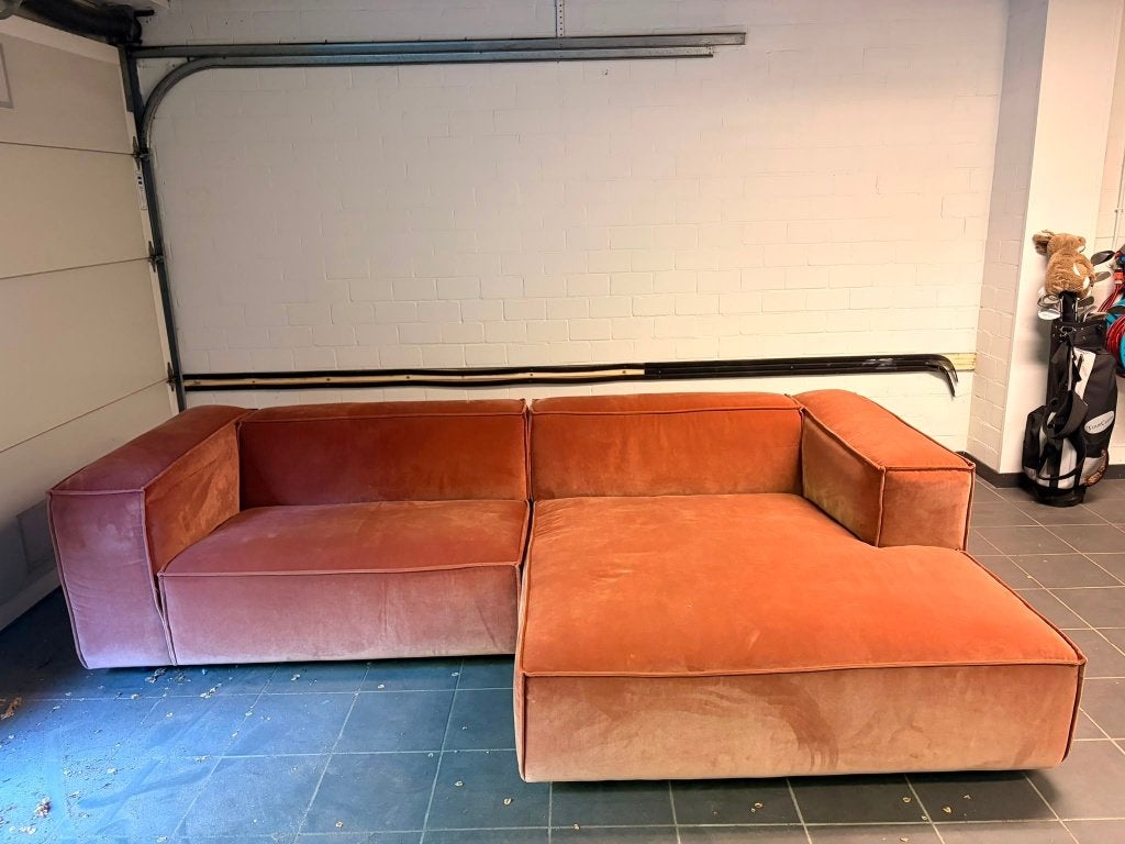 Loungebank in roestbruin/oranje velvet - uitstekende staat, Ophalen, Modern, Comfortabel, 250 tot 300 cm, Driepersoons