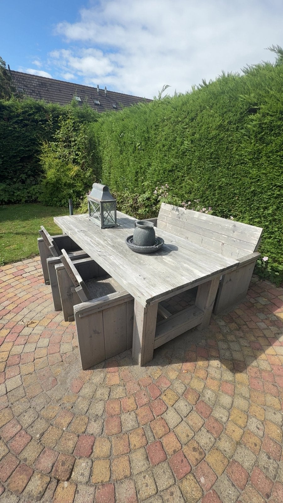 Tuinset van steigerhout, Ophalen, 5 zitplaatsen, Gebruikt, Bank