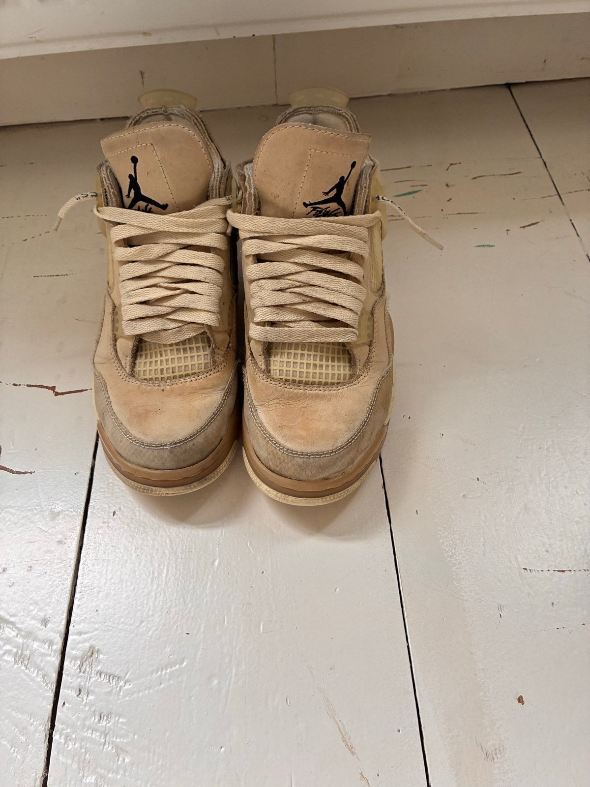Jordan 4 Retro x Off-White Sail (W) - Gedragen, Ophalen of Verzenden, Gedragen, Beige, Sneakers of Gympen