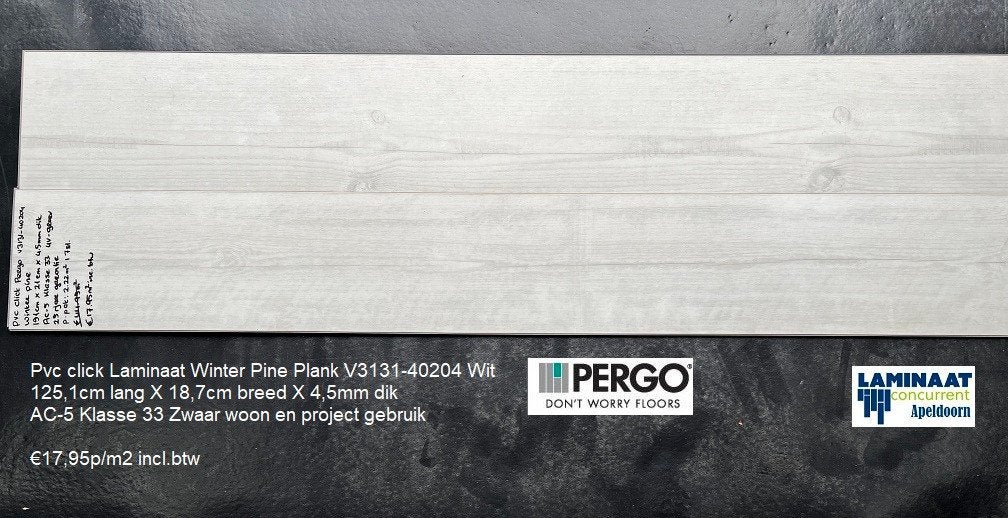Pvc click Pergo Winter Pine Wit 4,5mm €17,95p/m2, 75 m² of meer, Wit, Pvc click wit landhuisdeel, Nieuw