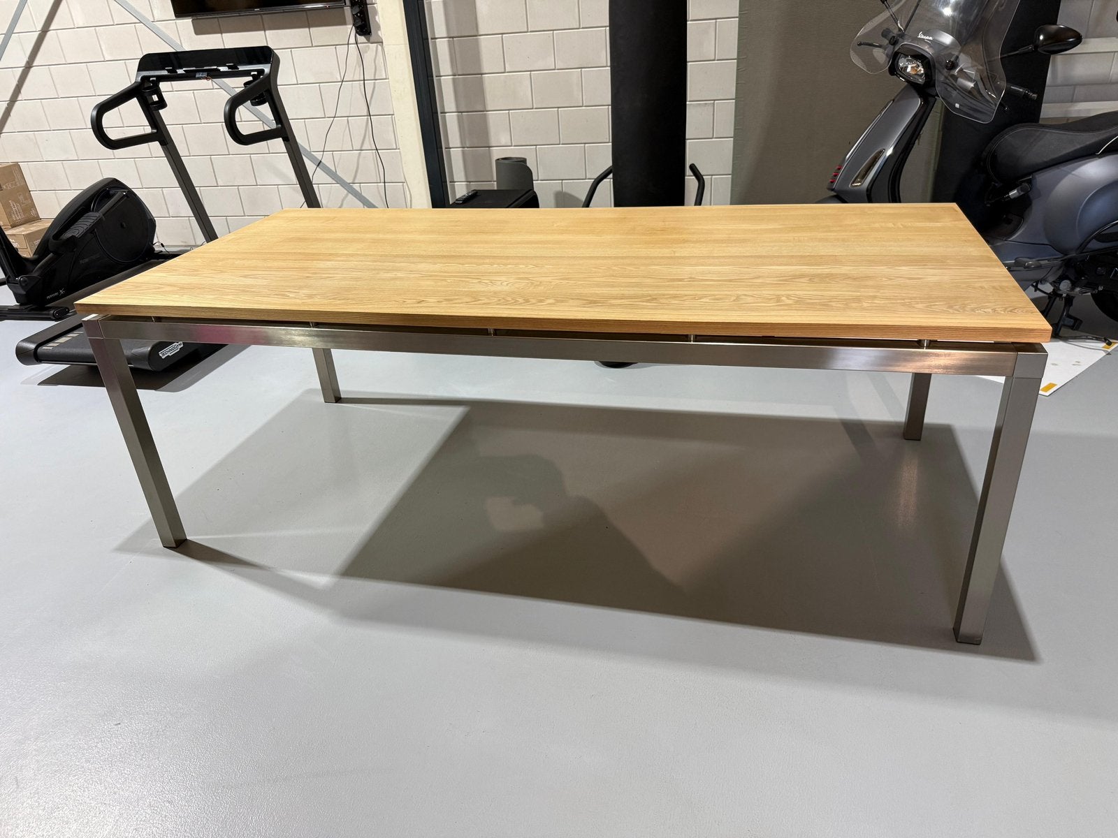 Eikenhouten eettafel tafel bureau rvs onderstel 220 x 100 cm, Ophalen, 200 cm of meer, 50 tot 100 cm, Zo goed als nieuw