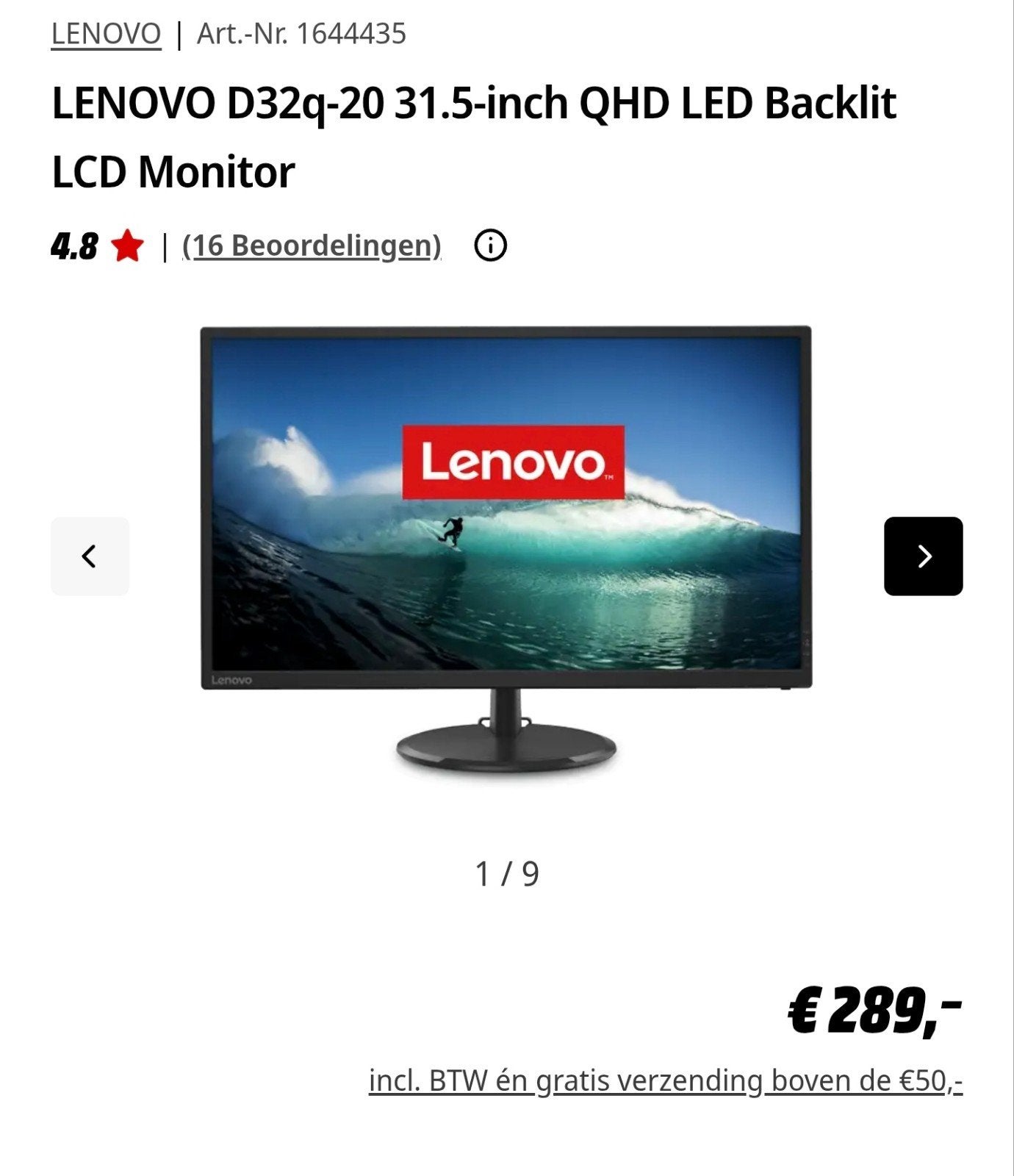 Lenovo D32q-20 31.5-inch QHD LED Monitor - Zo goed als nieuw, Computers en Software, Ophalen of Verzenden