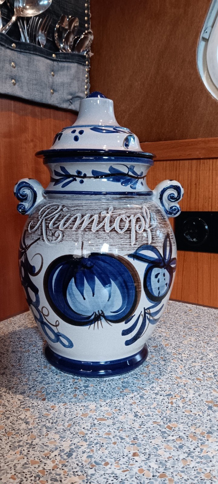 Rumtopf aardewerken pot met deksel, blauw-grijs, Antiek en Kunst, Ophalen