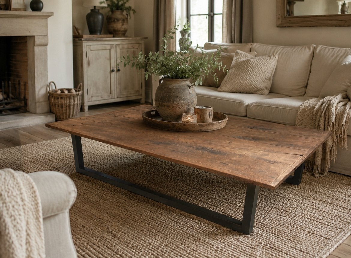 Antiek franse salontafel met ijzeren onderstel eiken, Ophalen, 200 cm of meer, 50 tot 100 cm, Zo goed als nieuw