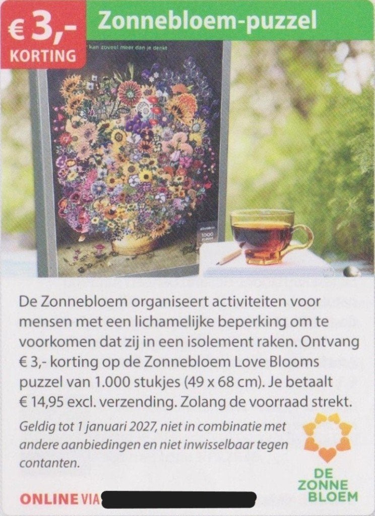 Zonnebloem-puzzel. € 3,- korting Postcodeloterij voordeelbon, Tickets en Kaartjes, Eén persoon, Kortingsbon, Warenhuis- of Winkelbon