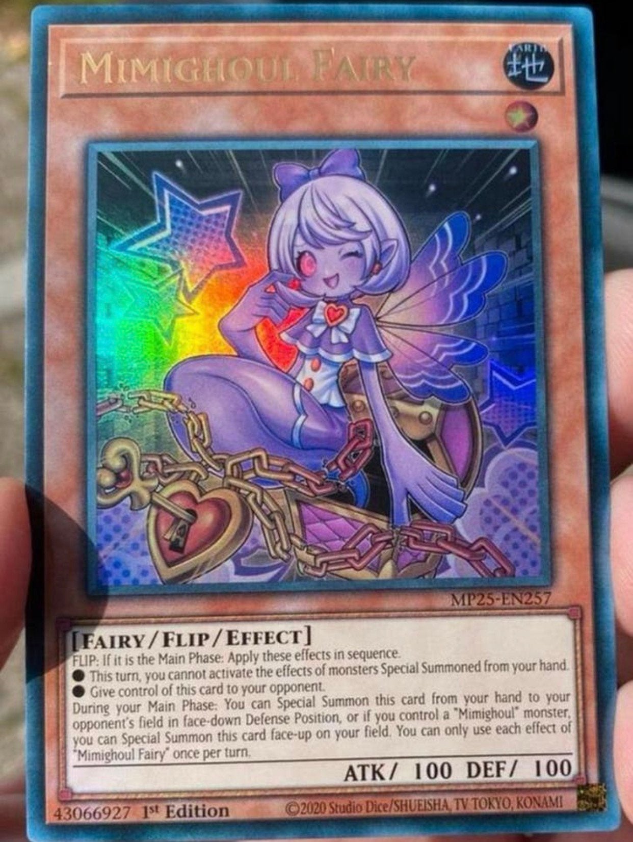 Yu-Gi-Oh! Mimighoul Fairy MP25 1st Edition !, Ophalen of Verzenden, Zo goed als nieuw, Losse kaart, Foil