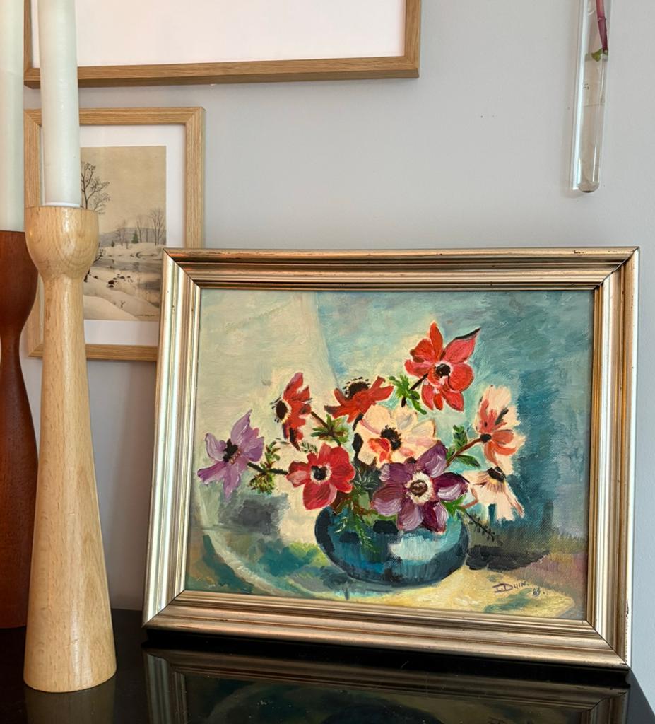 Vintage schilderij anemonen J. Bruin, Antiek en Kunst, Kunst | Schilderijen | Klassiek, Ophalen of Verzenden