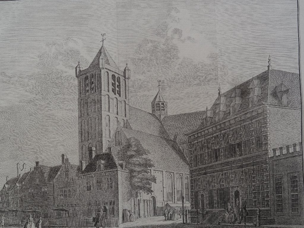 gravure de oude kerk te Middelburg, Pronk 1743, uitg Tirion, Ophalen of Verzenden, Origineel