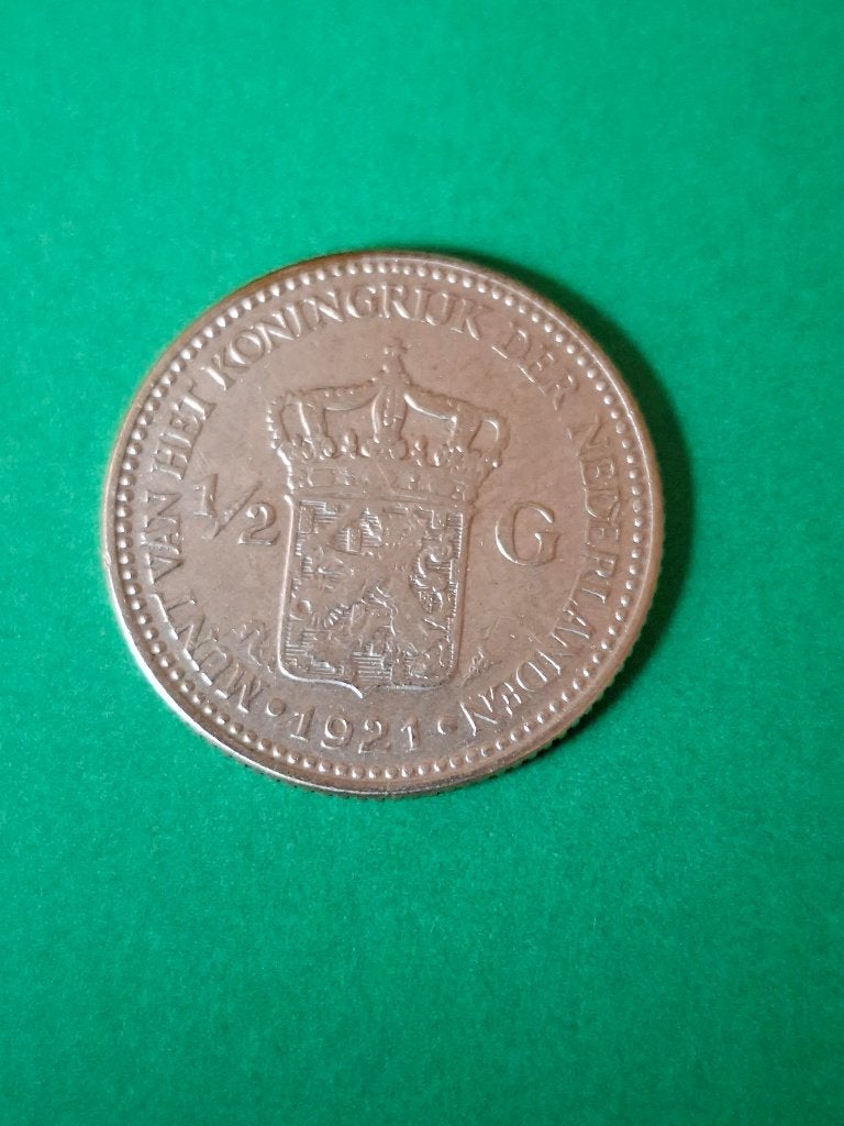 1921 Nederland 1/2 gulden in zilver Wilhelmina, ½ gulden, Verzenden, Zilver, Koningin Wilhelmina