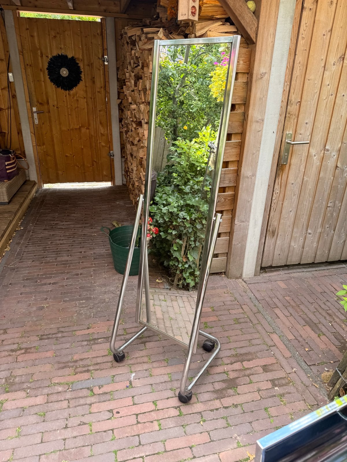 Vintage Design Passpiegel op Wielen – Chroom / RVS, Ophalen, Minder dan 50 cm, Gebruikt, 150 tot 200 cm
