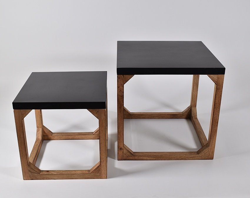 Salontafel set mango hout met metalen tafelblad, Ophalen of Verzenden, Nieuw, Zwart, Metaal