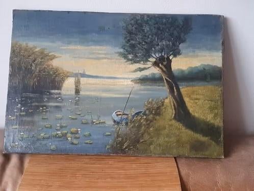 Heel oud olieverf Hollands landschap knotwilg waterlelies, Ophalen