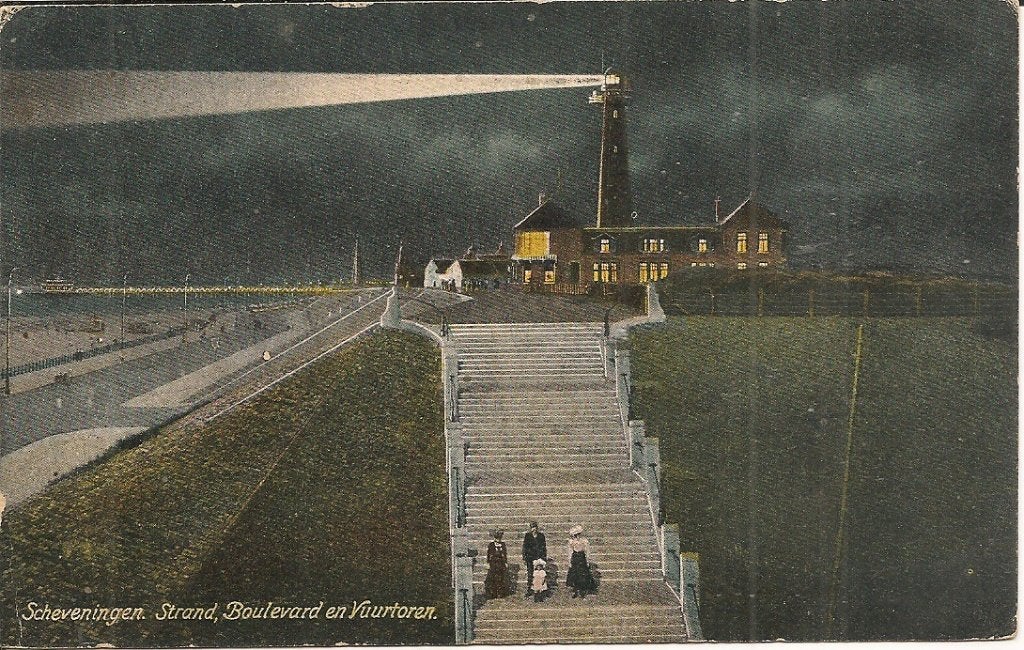 Oude Ansichtkaart Scheveningen Boulevard en Vuurtoren 1918, Ophalen of Verzenden, Voor 1920, Gelopen, Zuid-Holland