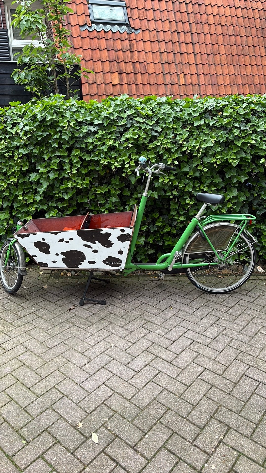 Bakfiets met koeienprint, Gebruikt, 2 kinderen, Trommelrem, Ophalen