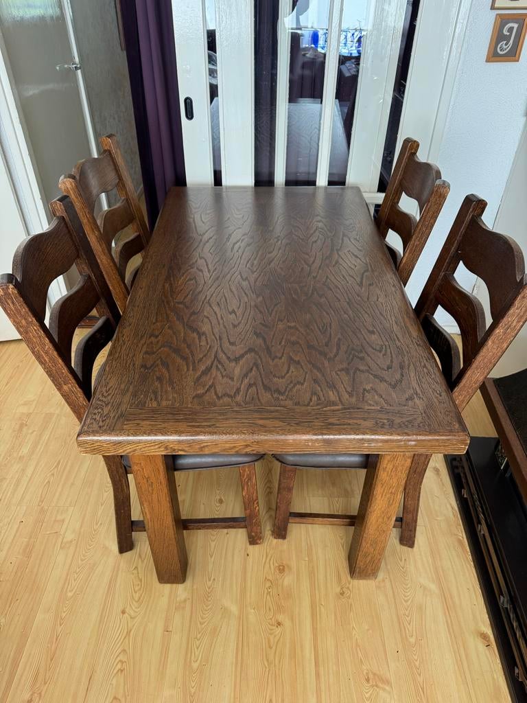Robuuste houten eettafel 140x80 cm met 6 stoelen, Gebruikt, 100 tot 150 cm, Vijf personen of meer, Rechthoekig