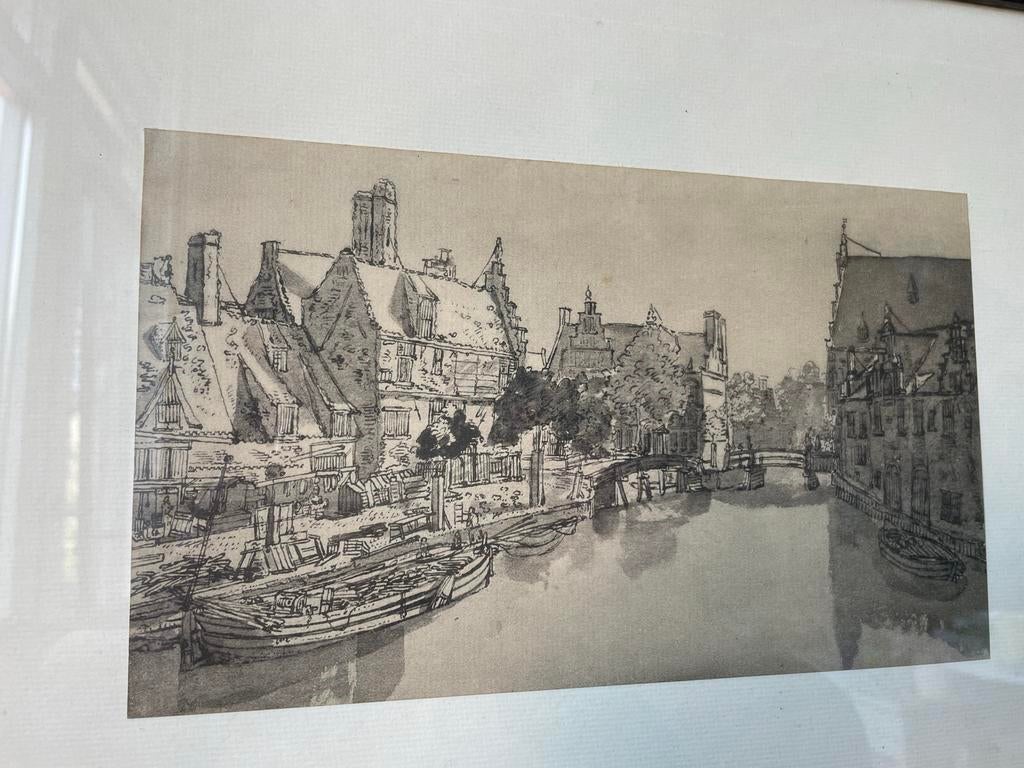Vintage Tekening: Grachtgezicht met Boten en Huizen, Ophalen of Verzenden