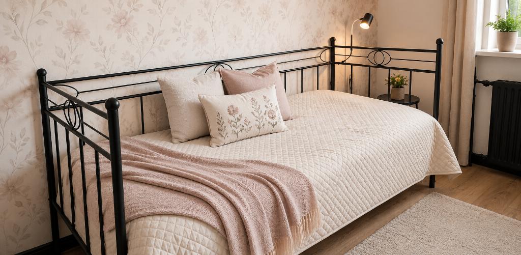 zwarte metalen bedbank, Huis en Inrichting, Slaapkamer | Bedden, Ophalen, 90 cm, Eenpersoons, Zwart