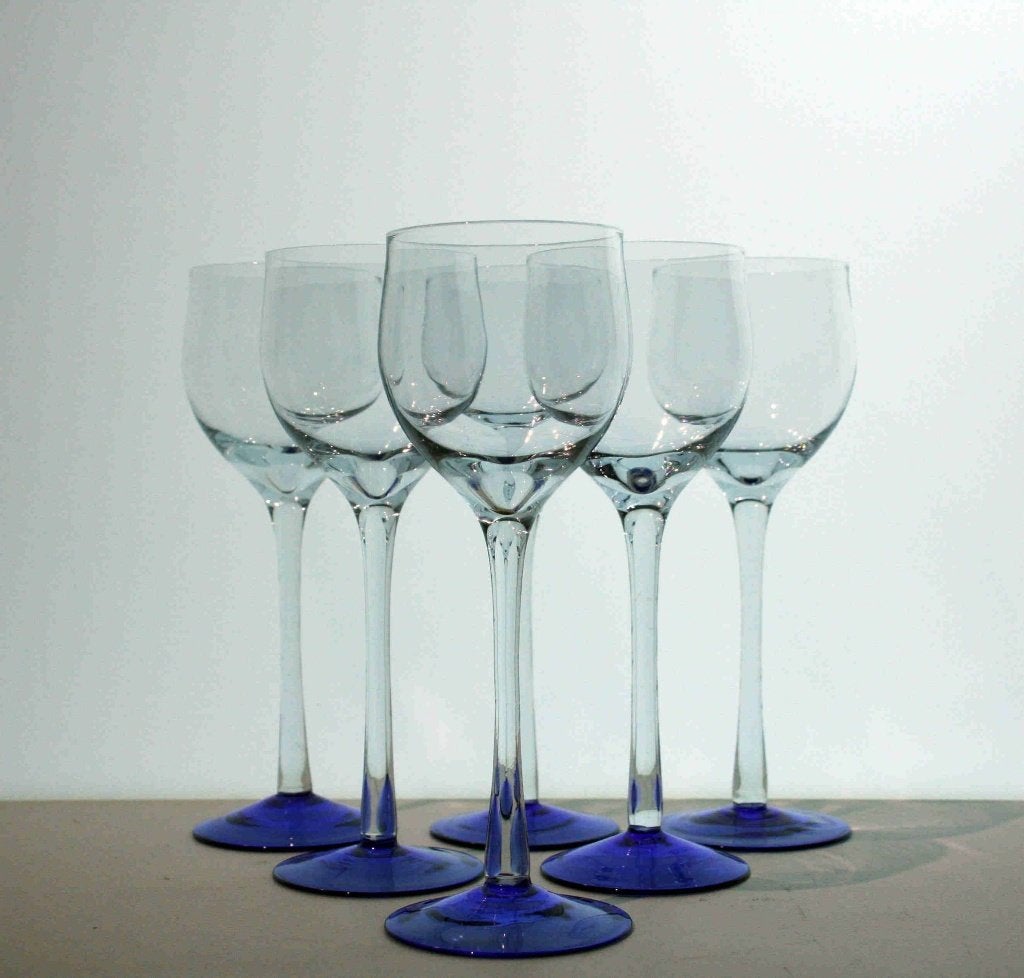 6 Vintage wijnglazen op kobalt blauwe voet – Weston Louie, Verzamelen, Glas en Borrelglaasjes, Ophalen of Verzenden, Zo goed als nieuw