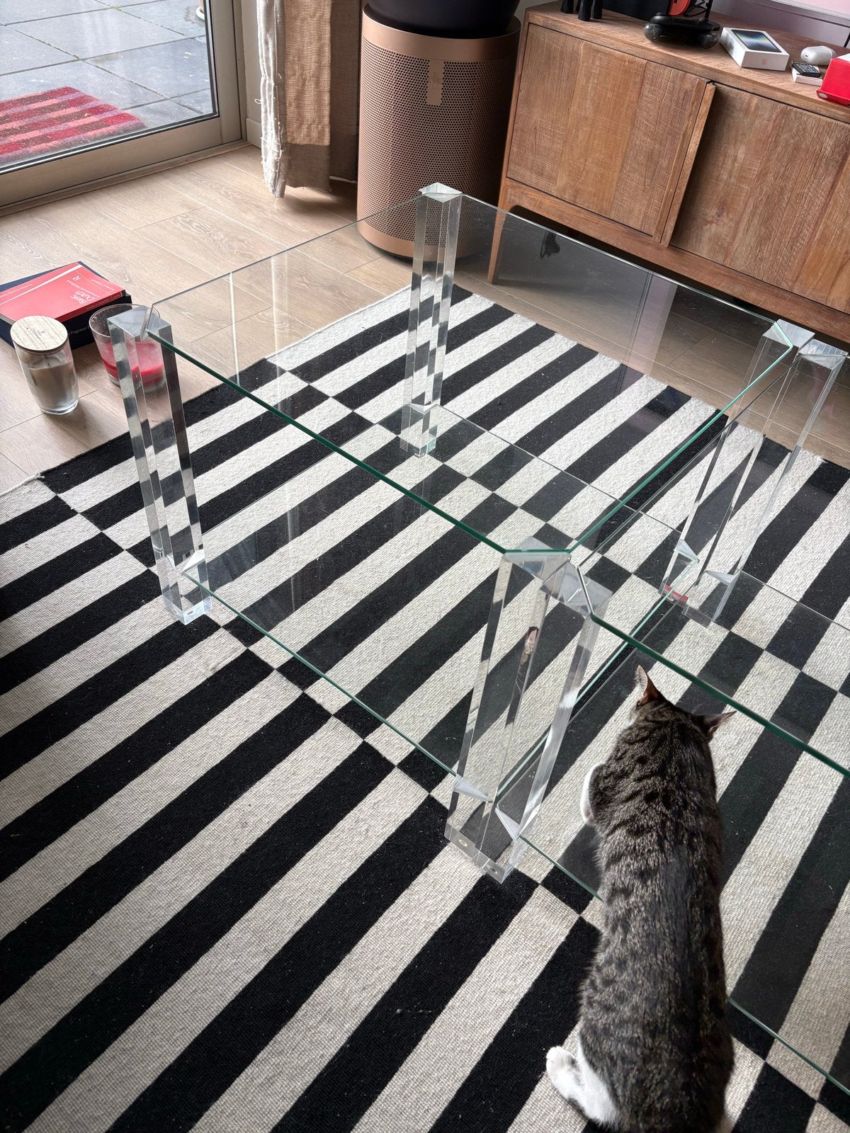 Glazen salontafel (set van twee) met plexiglas poten, Ophalen, Vierkant, 50 tot 100 cm, 5 – 50