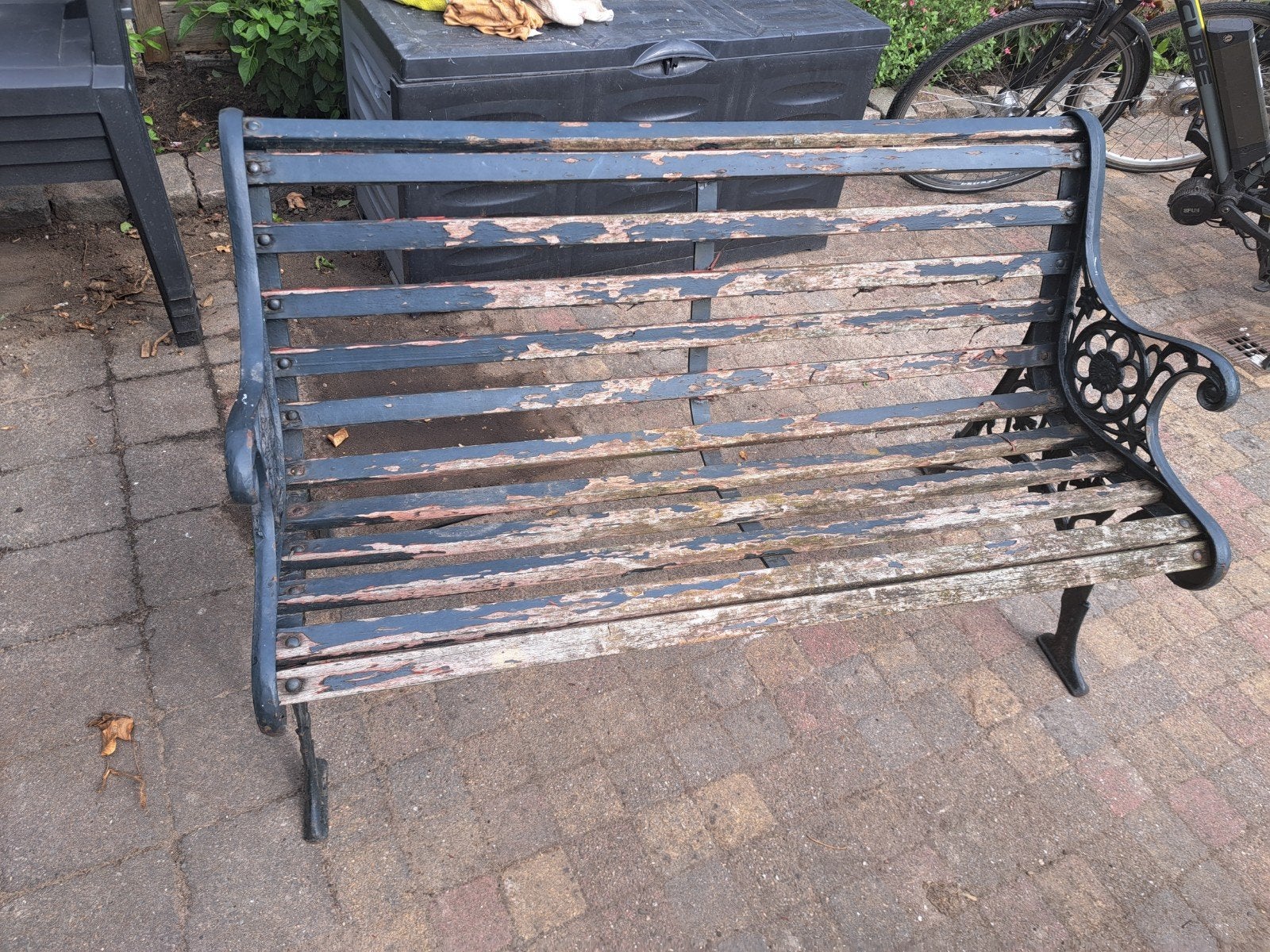Gietijzeren tuinbankje, Tuin en Terras, Ophalen, Gebruikt, Hout