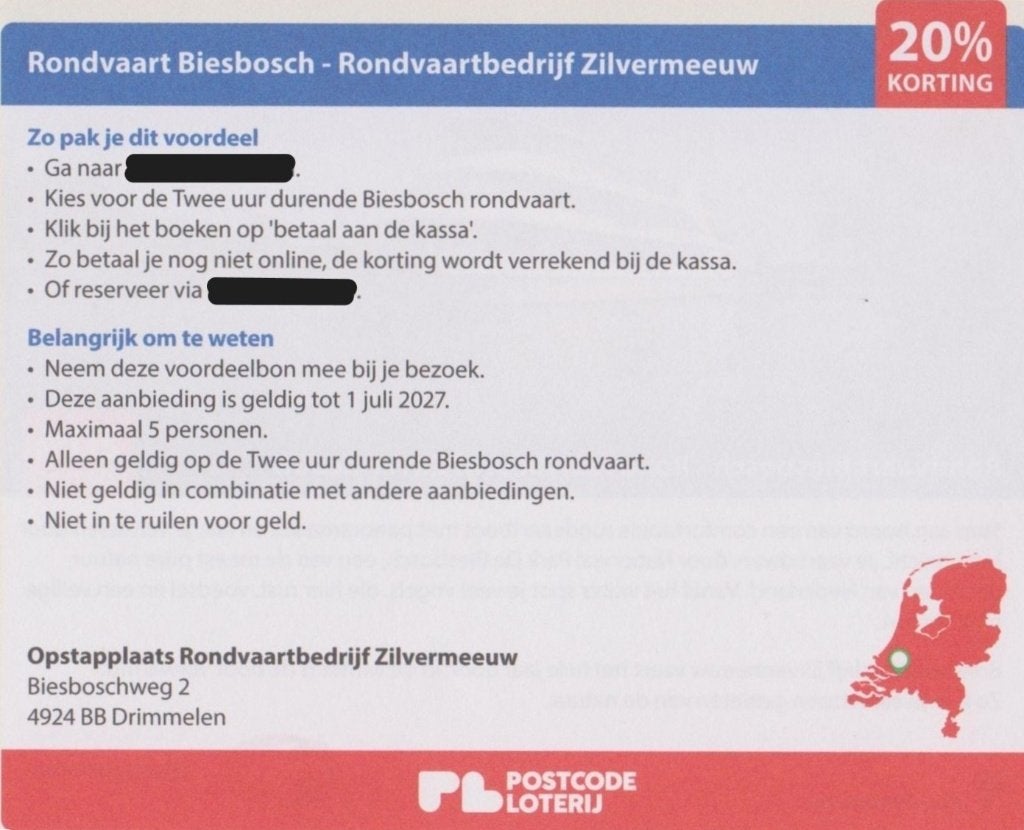Rondvaart Biesbosch-Rondvaartbedrijf Zilvermeeuw 20% korting, Drie personen of meer, Kortingsbon