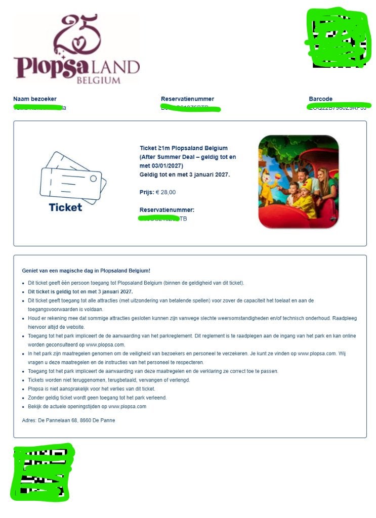 Plopsaland Ticket_De Panne, Eén persoon, Ticket of Toegangskaart