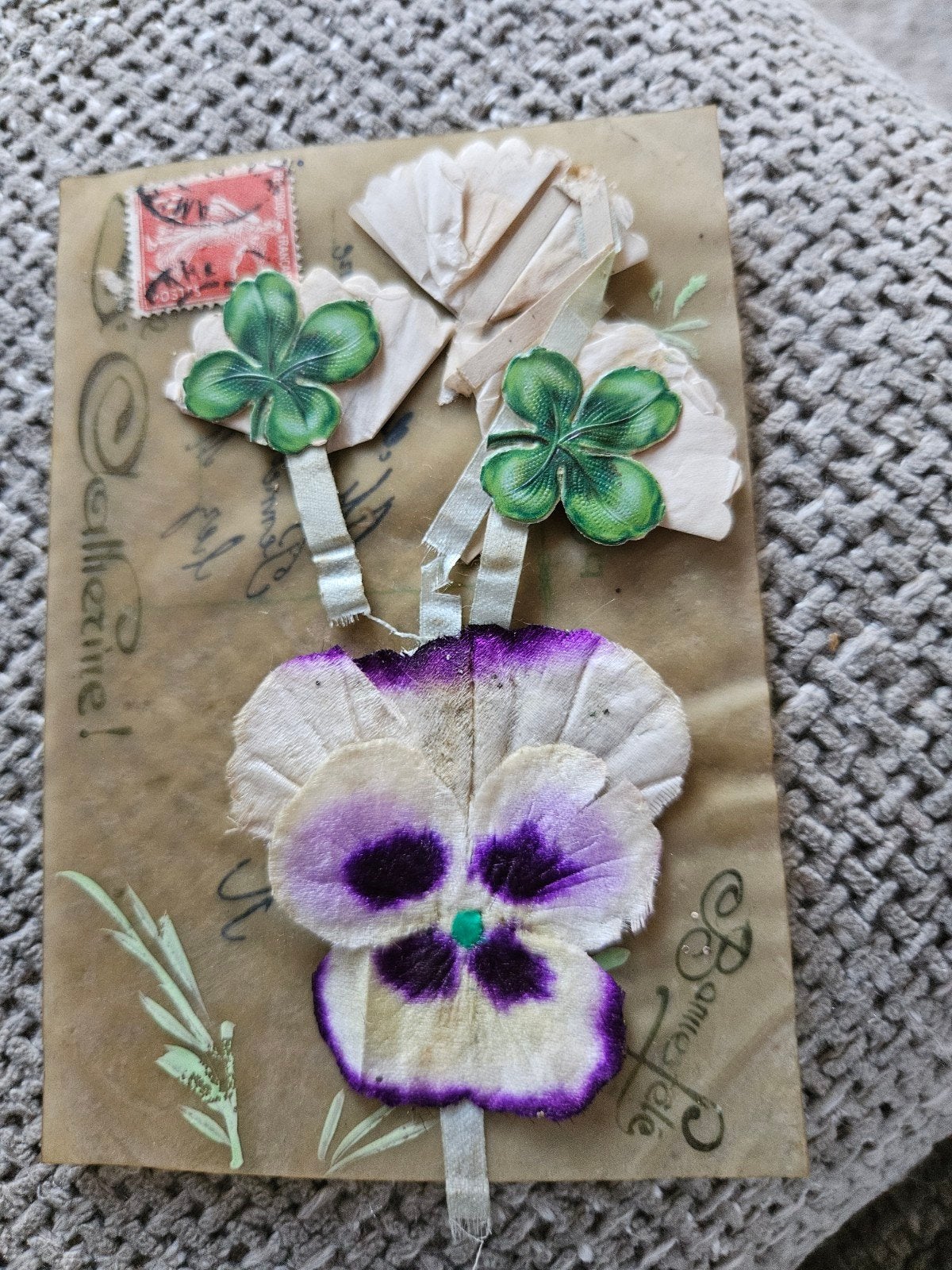 brocante mica klavertjes vier en viooltje, Ophalen of Verzenden, Voor 1920, Gelopen